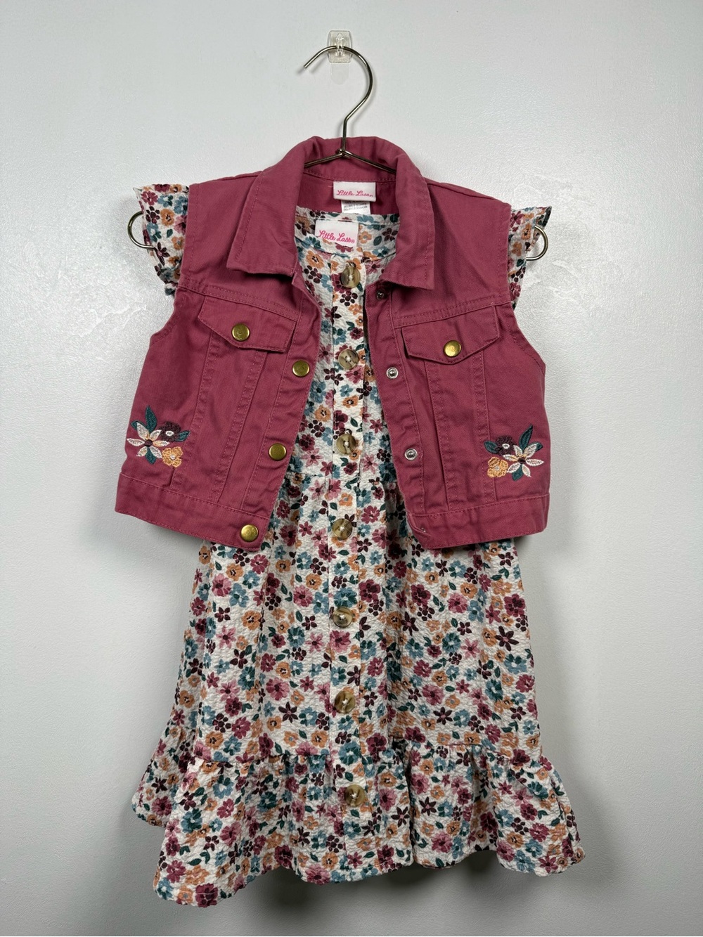 Little Lass Girls Floral Dress Pink Embroidered Vest Set Size 6 Boho Cottagecore